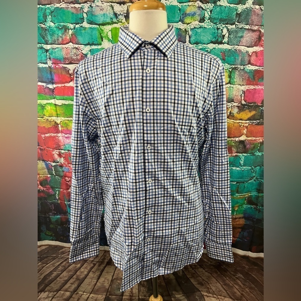 Bugatchi Uomo Button Front Shirt Size 17,1/2-36/37 Blue Geometric